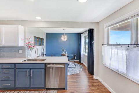 Kitchen overlooks dining room