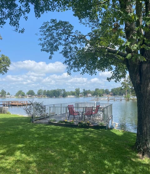 View of the lake and dining area on the dock.
