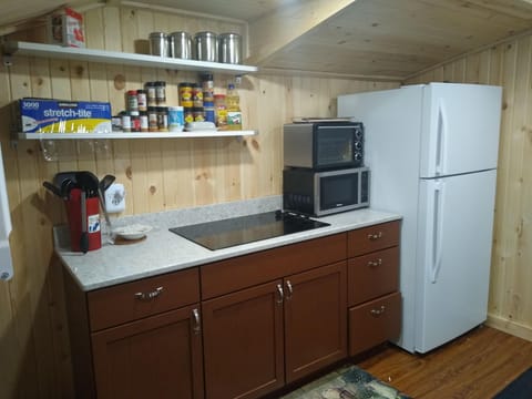 Stovetop stove, toaster oven, microwave, refrigerator