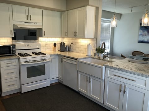 Kitchen with large counter space and a breakfast bar