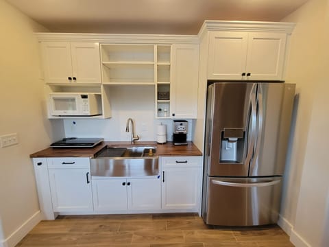 Basement kitchen area - induction cooktop, coffee maker, fridge