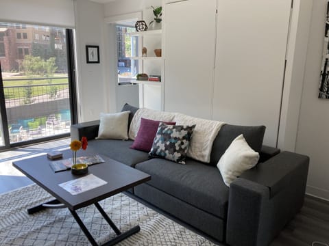 Living room with Murphy bed behind sofa looking west towards resort