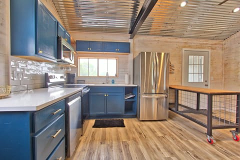 View of kitchen with location of door to the rear of cabin in it.