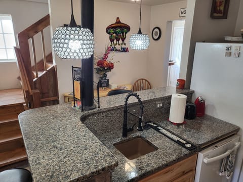 Wet bar counter in Kitchen with third sink/garbage disposal next to dishwasher.