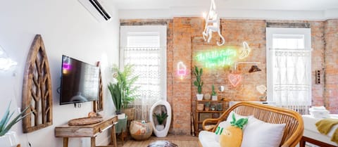 Vibrant living space with neon accents