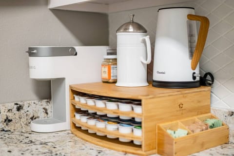 Kuerig and electric kettle. Selection of coffee choices