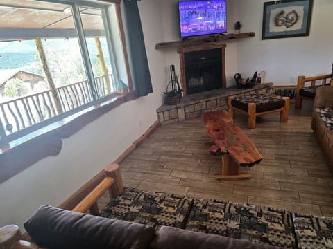 Paradise View Loft living room with fireplace and mountain style.
