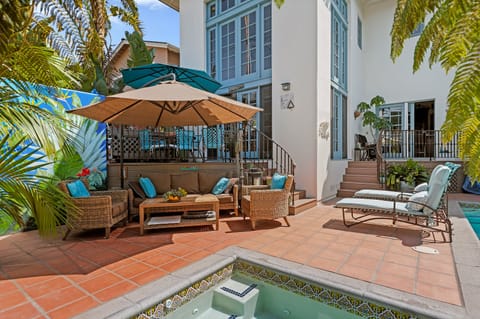 Private garden and patio with pool and hot tub