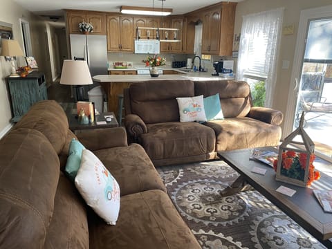 Living room view into kitchen