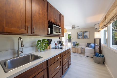 View of the kitchenette leading to the living room.