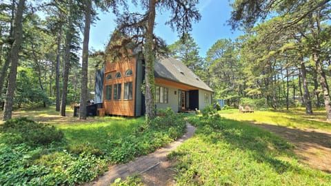House is set on a wooded lot