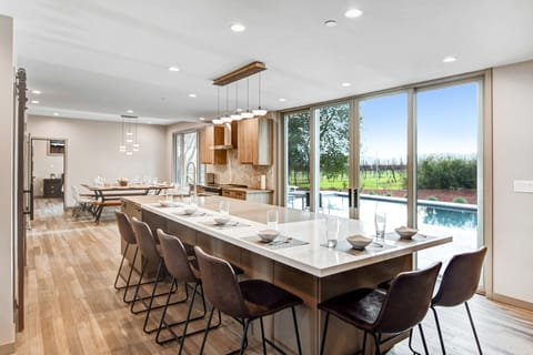Kitchen island facing pool