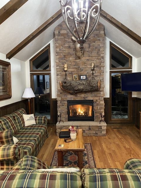 Living room at night with gas fireplace.