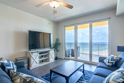 Big flat screen smart TV provides numerous channels for your entertainment.