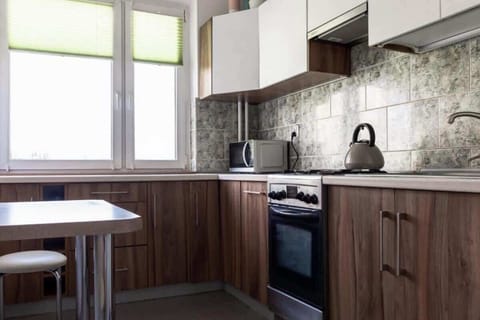 The kitchen's traditional decor complements the apartment's style.