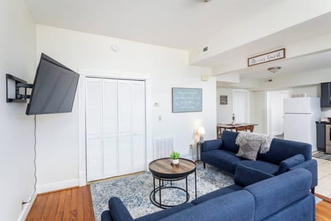 Spacious living area with flat-screen TV, sofa, and WIFI/NETFLIX provided. Sofa for sleeping an additional guest.