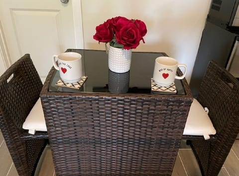 Bistro table and 2 chairs; laptop friendly