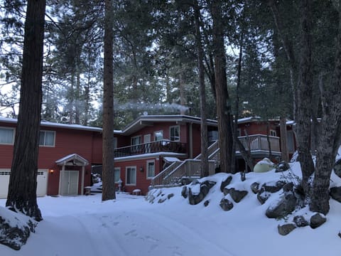 Morning mountain home tucked in the woods and covered by the snow.
