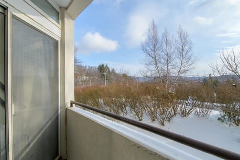 Step onto your private balcony and breathe in the crisp winter air while taking in peaceful views of the snow-covered landscape and distant mountains.