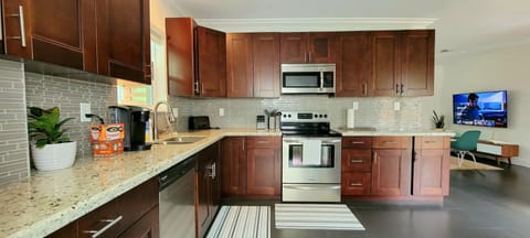 Renovated kitchen with countertop prep space and appliances