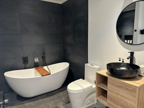 Relaxing bathroom with tub and shower area