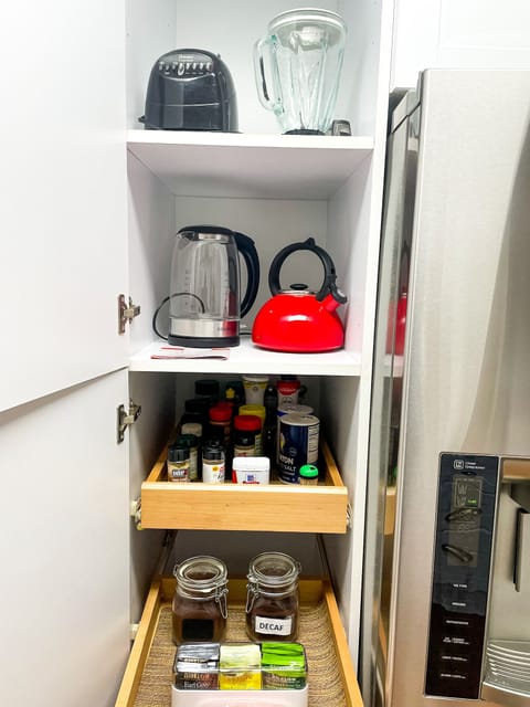 The kitchen has a blender, tea kettles (electric & manual), fresh coffee (incl. decaf), teas, sugar, seasonings & more—everything you need to cook & enjoy meals together!