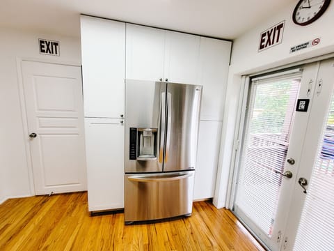 Great pantry space and stainless steel refrigerator big enough for large groups and families!