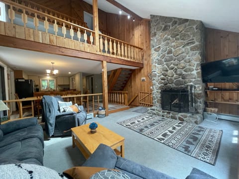 Large family room with working fireplace and Smart TV with cable