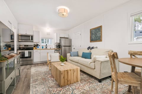 A full kitchen and comfy living room are part of this rental.