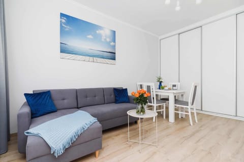A comfortable lounge area with a cozy sofa, a TV, and large windows for ample sunlight.dc