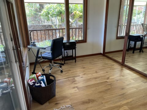 Small office area in master bedroom with printer 