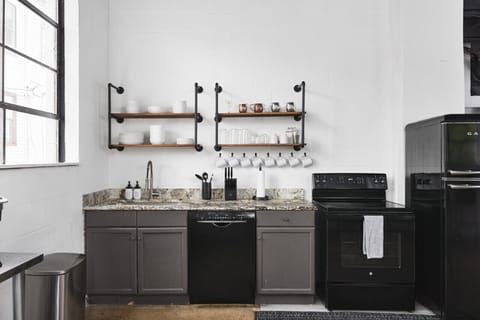 Our kitchen is stocked with all the items you could need.