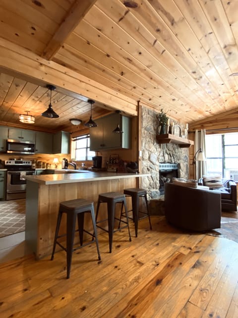 Open concept kitchen looking into living and dining area.