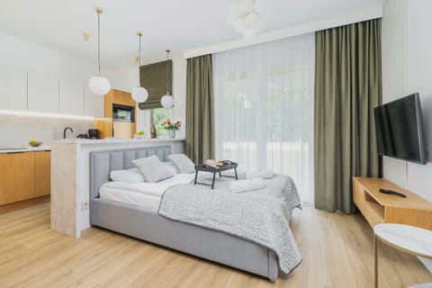 A modern bedroom with a large bed, light gray bedding, and a decorative throw blanket, complemented by natural light from large windows.