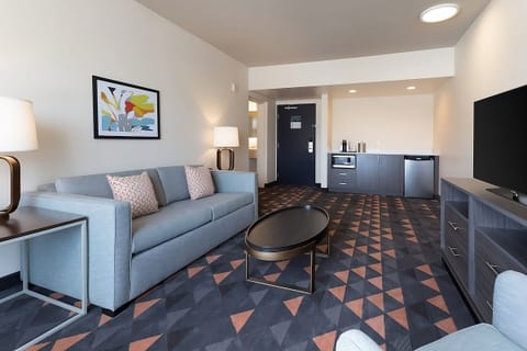 This unit comes with a flat screen TV, microwave, mini-refrigerator and a sofa