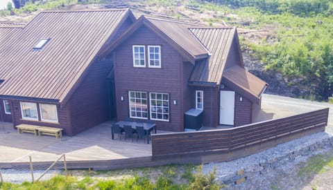 The front of the cabin, with surrounding terrace