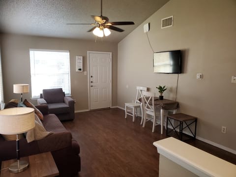 Vaulted ceiling in family living area. 