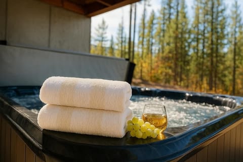 A hot tub is located outside, towels are provided.