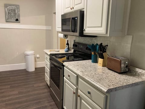 Kitchen has pretty much everything you would need - toaster, blender, crockpot