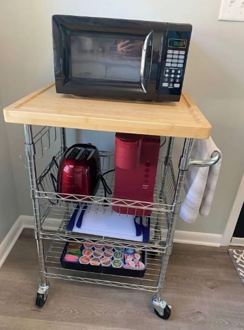 Microwave, Toaster, Keurig, with coffee pods, sugars and creamers to choose from