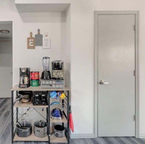 Coffee maker, regular/decaf, Kcups, toaster, pots, pans, kettle, saran, foil