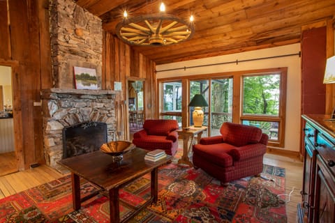 View from the living room with the beautiful stone fireplace