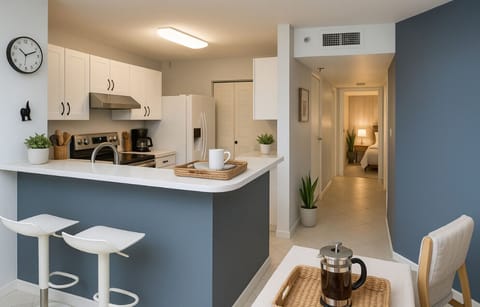 open kitchen with breakfast bar and full appliances — ideal for home-cooked meals during weekly stays.