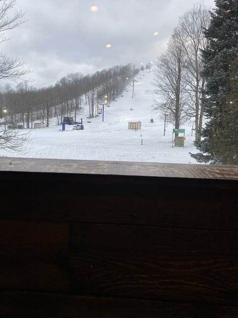 Photo of the blue chair lift from dining room window of bunkhaus
