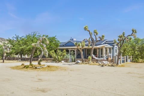 Big House with a shaded porch and Joshua trees.
