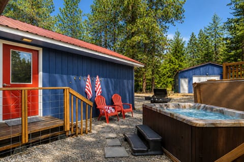 Private year round hot tub with towels and outdoor BBQ