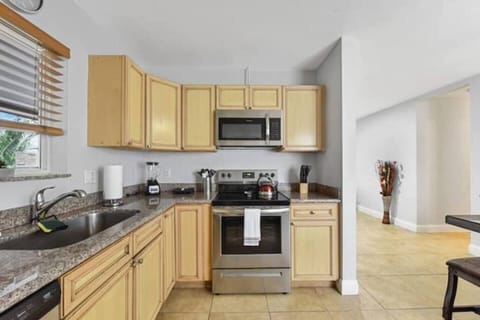 Kitchen comes with microwave, oven, dishwasher and basic utensils. .