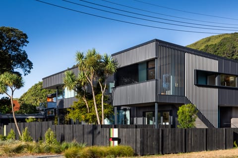 The apartment viewed from the street, balcony looks out to Wellington harbour