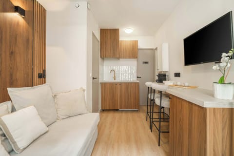 The studio’s sofa easily turns into a double bed for film nights.