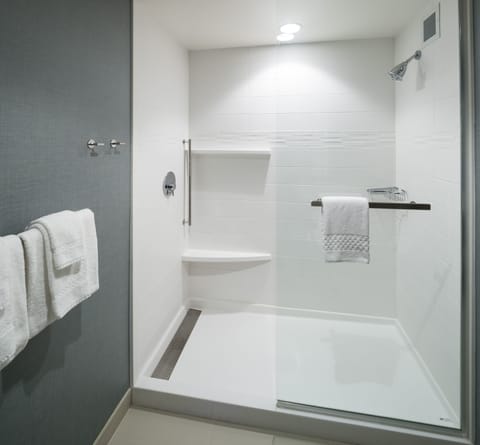Full bathroom with a shower. Basic toiletries and towels are provided